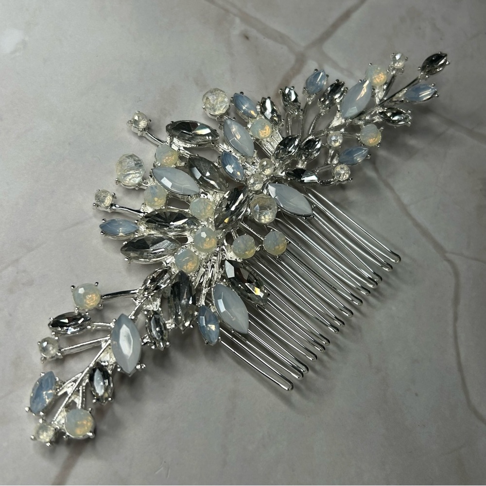 Dazzling Silver Tone Opal and Light Blue Adorned Hair Comb